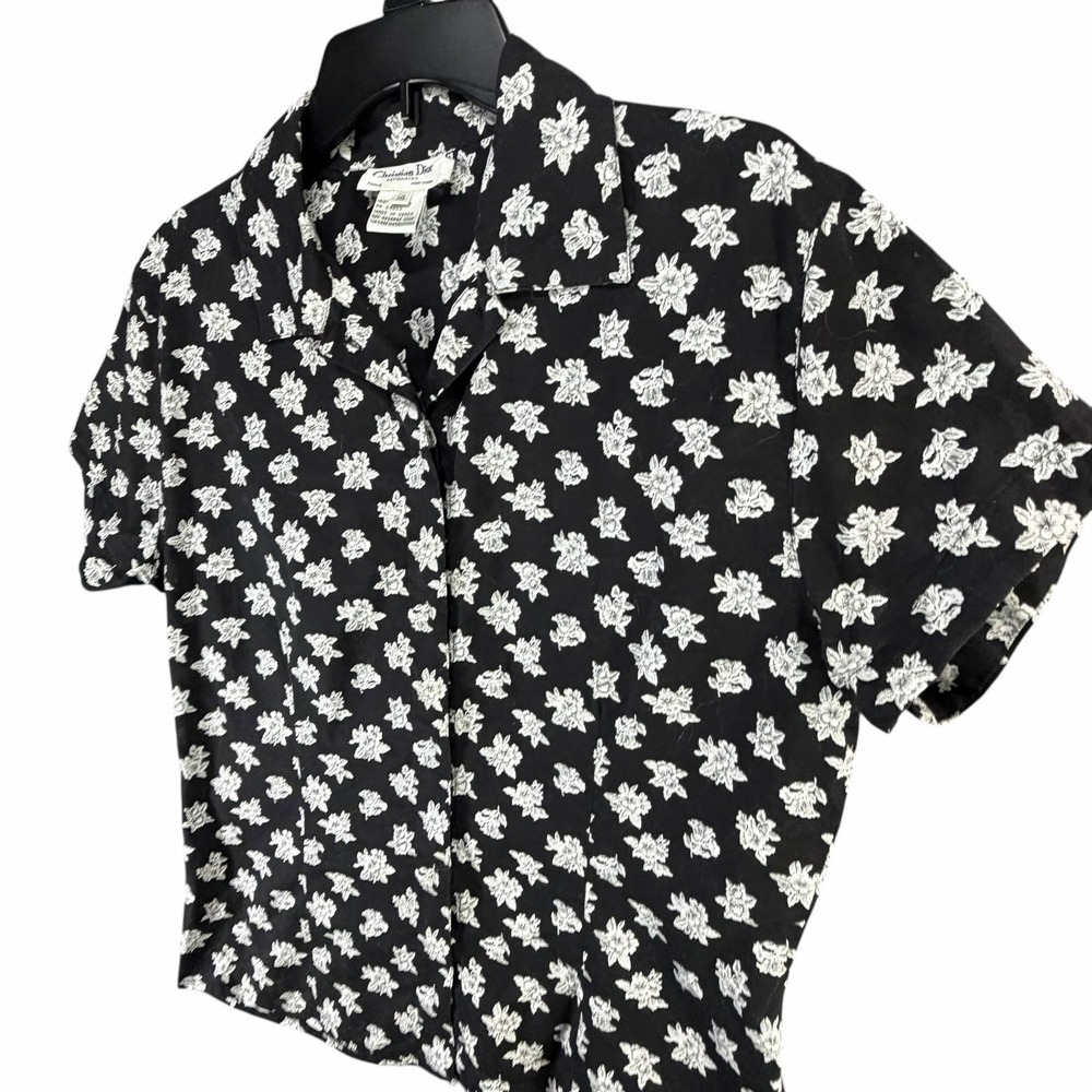 Vintage Christian Dior Separates Blouse Women 10 Black White Floral Modest Retro - Picture 3 of 12